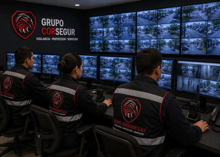 Centro de monitoreo con operadores frente a pantallas de cámaras