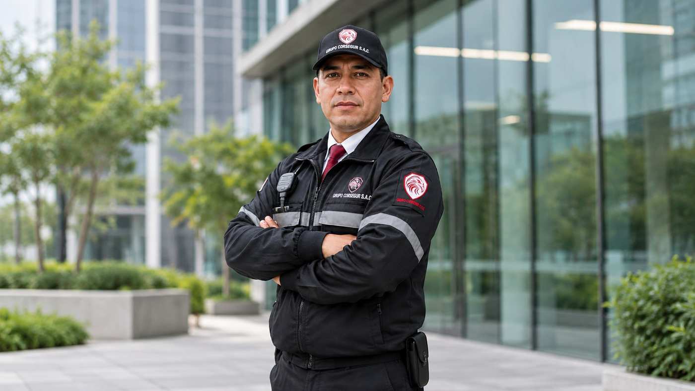Agente de Grupo Corsegur con uniforme y gorra de la empresa, de brazos cruzados frente a un edificio corporativo