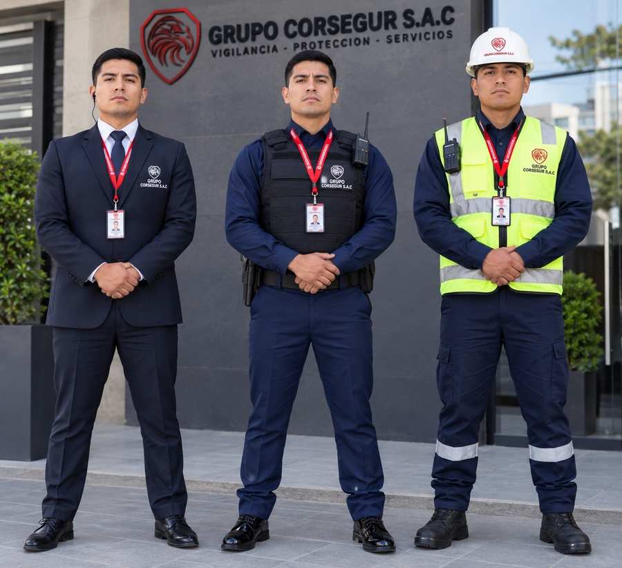 Tres agentes de Grupo Corsegur frente al letrero de la empresa